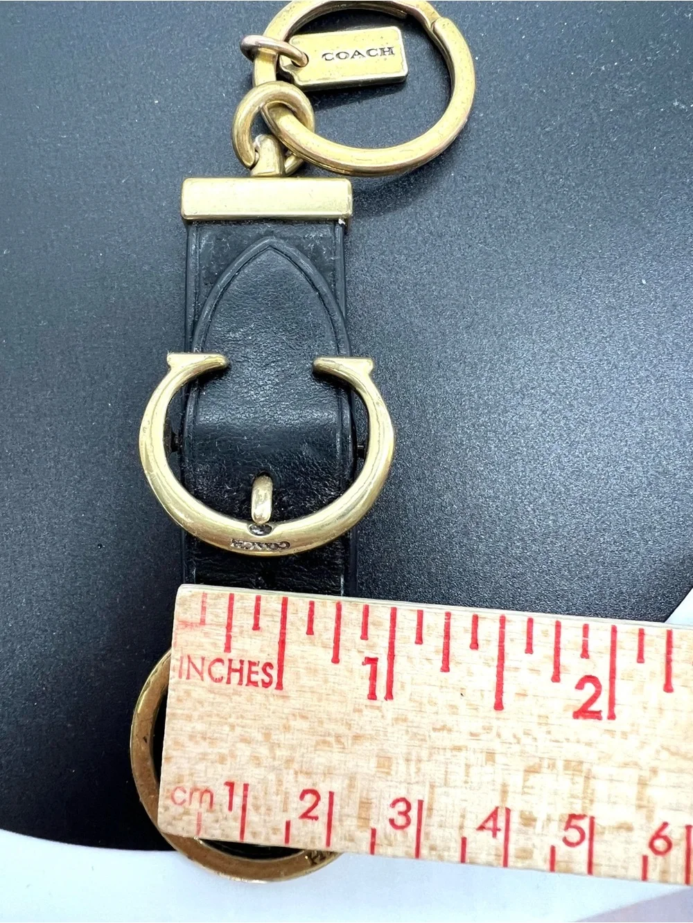 Vintage Coach Black Leather Valet Keychain Brass C Buckle Key Fob